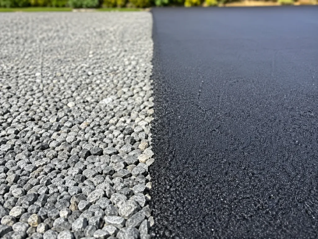 Close-up view highlighting the contrast in a gravel vs asphalt driveway, with a clear divide between the gravel surface on the left and freshly paved asphalt on the right.