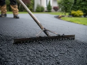 A close-up of a metal rake spreading fresh asphalt on a driveway during ideal spring paving weather, with a person’s legs visible in the background.