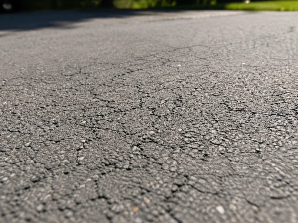 Close-up view of cracked asphalt driveway pavement with a blurred background of greenery, highlighting the importance of driveway protection against sun damage.