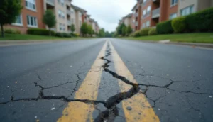 Worn and new asphalt meeting on an apartment complex drive lane