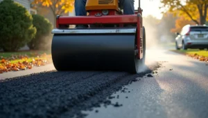 Roller compacting fresh asphalt on a Carlisle PA residential driveway