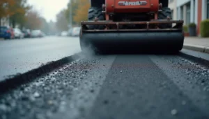 Paver laying hot asphalt on a Harrisburg PA residential driveway