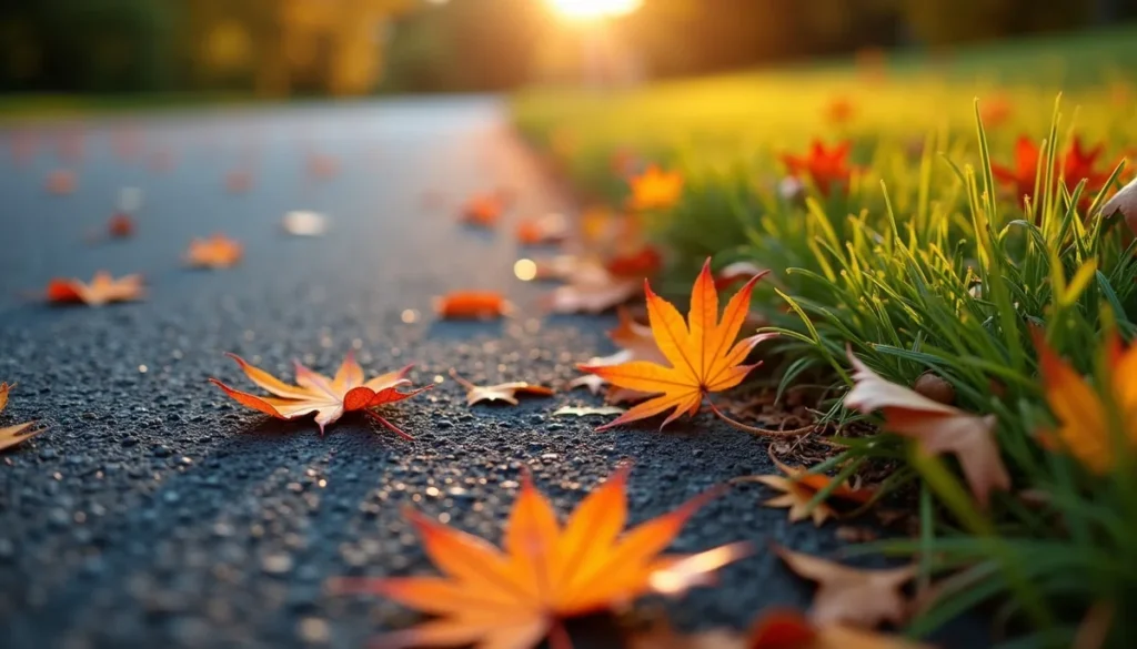 New asphalt driveway with autumn leaves along the edge in Central PA