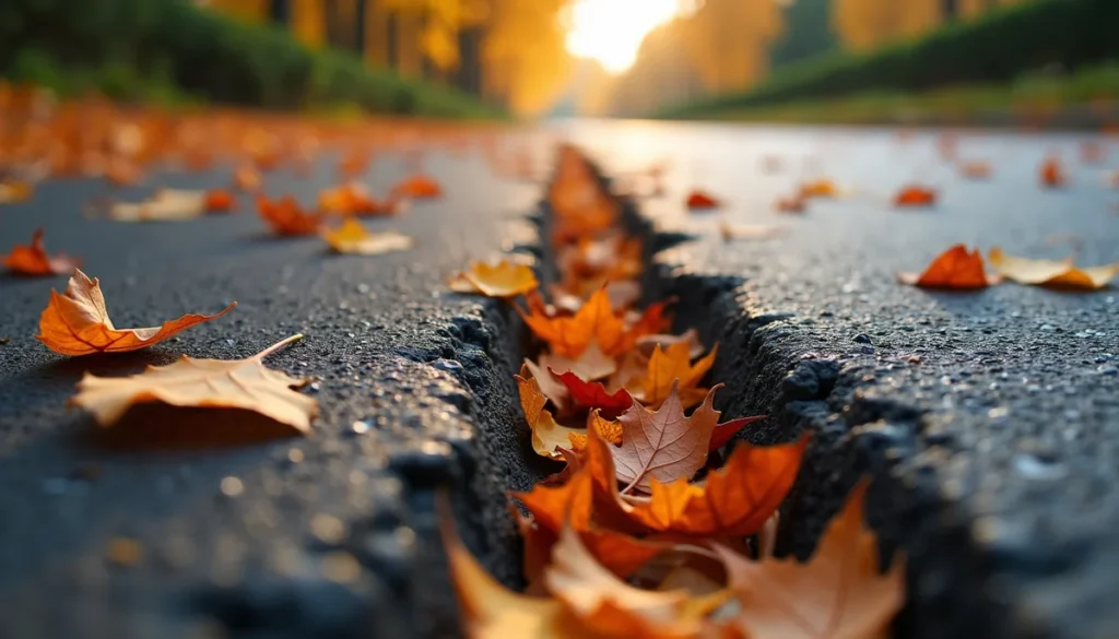 Autumn leaves collected in a crack in a Central PA asphalt driveway