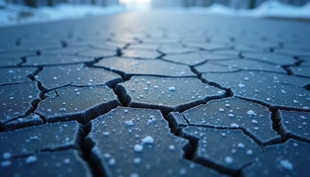 Frost outlining cracks in an asphalt driveway on a cold Pennsylvania morning