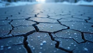 Frost outlining cracks in an asphalt driveway on a cold Pennsylvania morning