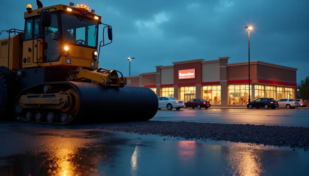 Night resurfacing work on a retail parking lot surface