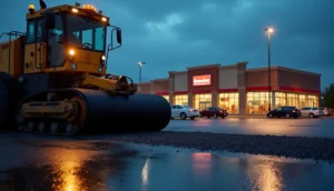 Night resurfacing work on a retail parking lot surface