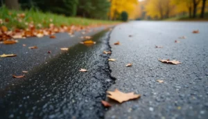 Line between fresh black sealcoat and faded gray asphalt on a driveway