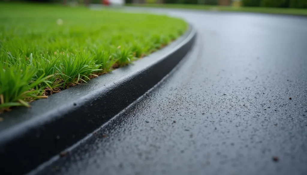 Freshly seal coated asphalt driveway with a clean edge