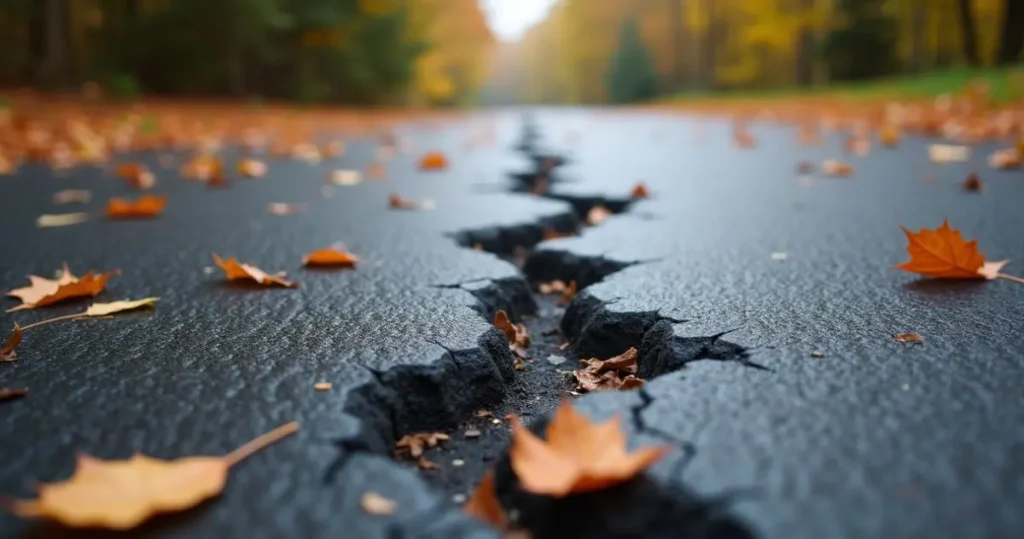 Cracked asphalt driveway with fall leaves in Mechanicsburg, PA