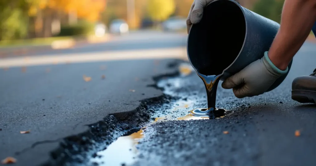 Hot rubberized sealant being poured into an asphalt crack in Carlisle, PA