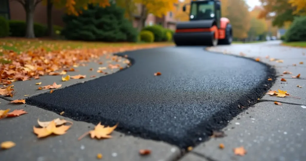 Fresh asphalt patch on a cracked York PA driveway with fall leaves along the edge