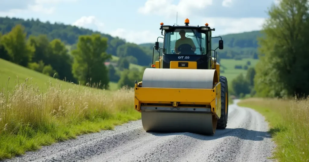 Roller compacting a new chip seal driveway on a sunny summer day