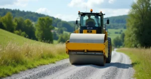 Roller compacting a new chip seal driveway on a sunny summer day