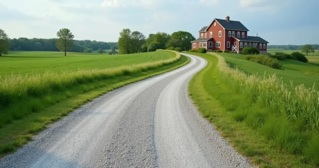 Rural tar and chip driveway winding up to a Pennsylvania farmhouse