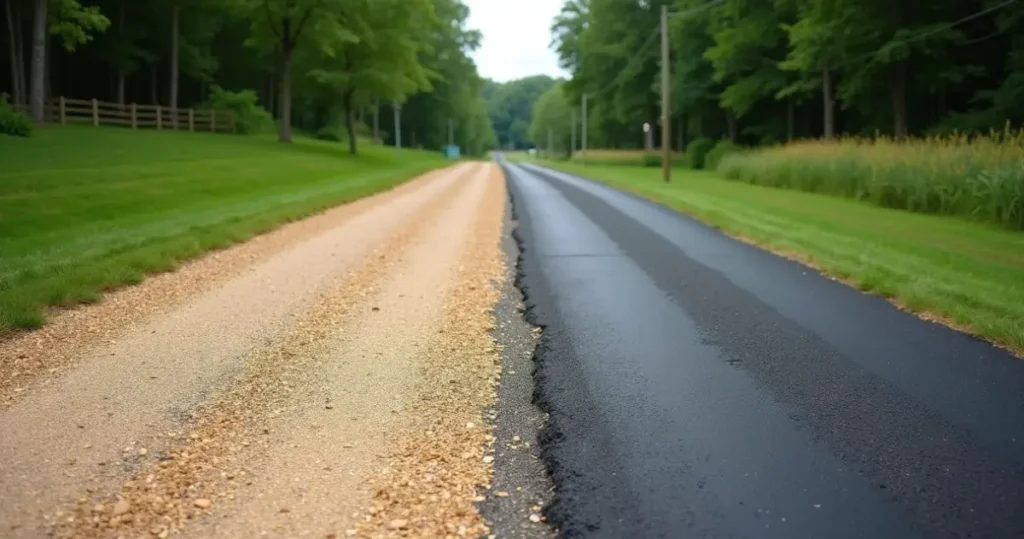 Chip seal surface meeting smooth black asphalt on a Central PA road