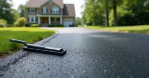 Residential driveway in York PA partly sealcoated, fresh black coat beside faded gray asphalt