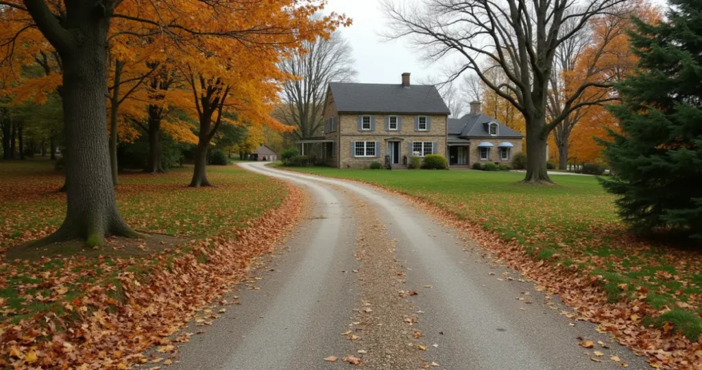 Older tar and chip driveway lined with autumn trees leading to a stone house