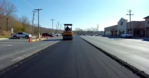 Paving machine laying fresh asphalt on a Lebanon PA business parking lot while part stays open