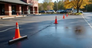 Commercial parking lot in York PA half sealcoated, with cones blocking the fresh section