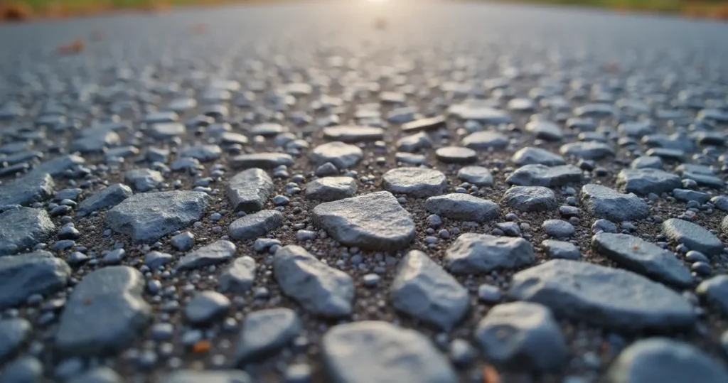 Close-up of stone chips embedded in a tar and chip driveway surface
