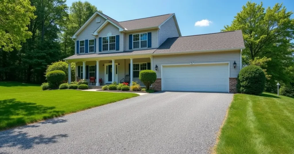 Suburban home with a tar and chip driveway on a clear day
