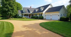 Country home with a tan tar and chip driveway