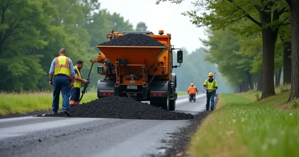 Crew spreading stone chips over fresh liquid asphalt on a driveway